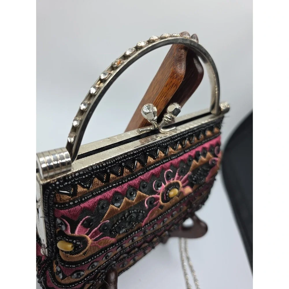 Beaded Evening Bag Silver Handle Clutch Purse Vintage Style Crossbody Strap 7